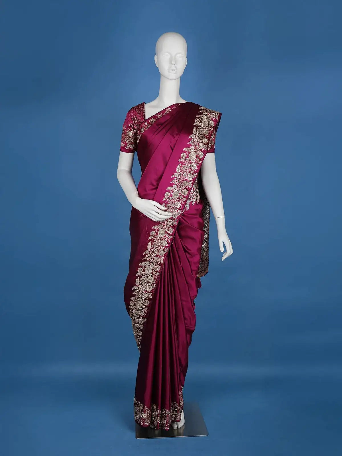 Wine Floral Embroidery Bridal Banarasi Silk Saree - Diadem