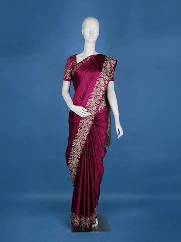 Wine Floral Embroidery Bridal Banarasi Silk Saree - Diadem