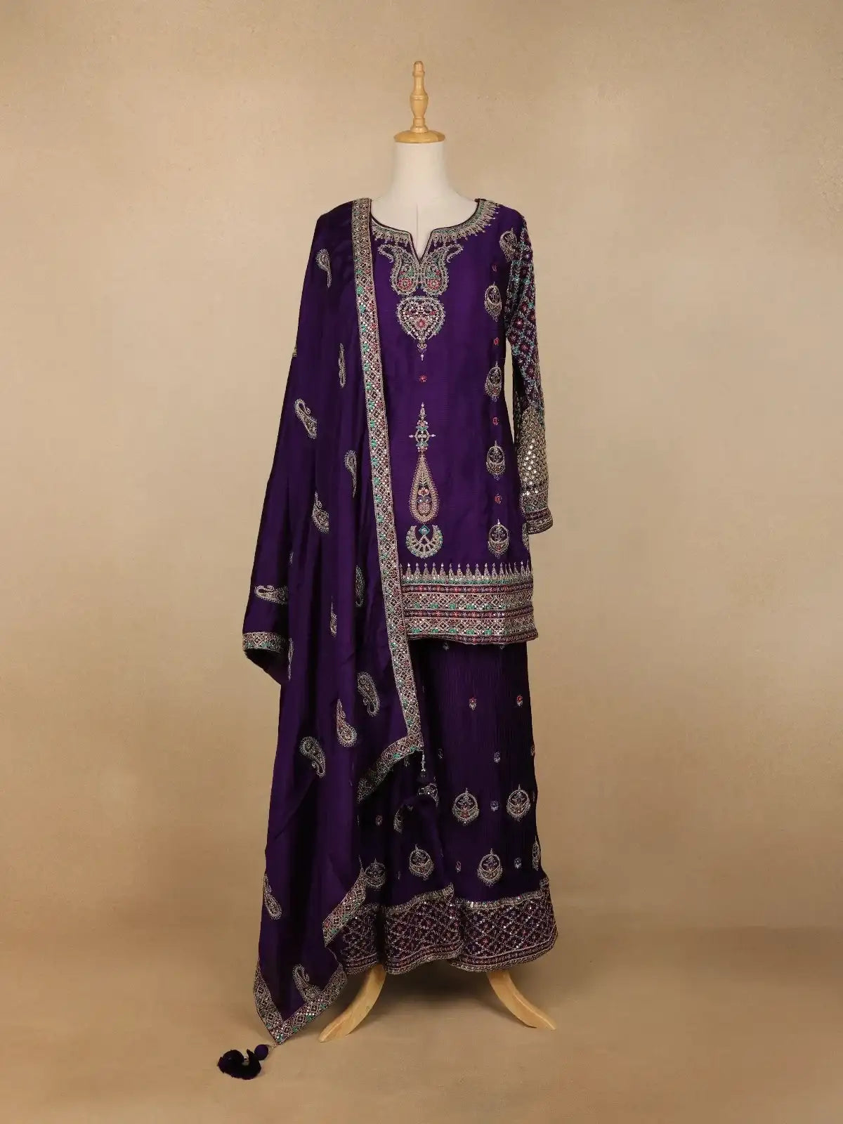 Dark Purple Crepe Geometric Palazzo Salwar Suit - Diadem