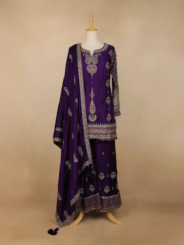 Dark Purple Crepe Geometric Palazzo Salwar Suit - Diadem