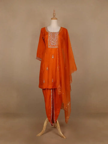 Orange Floral Designed Raw Silk Dhoti Salwar Suit - Diadem