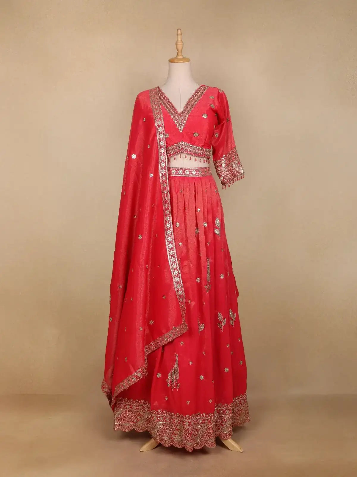 Red Tissue Organza Floral Designed Bridesmaid Lehenga - Diadem