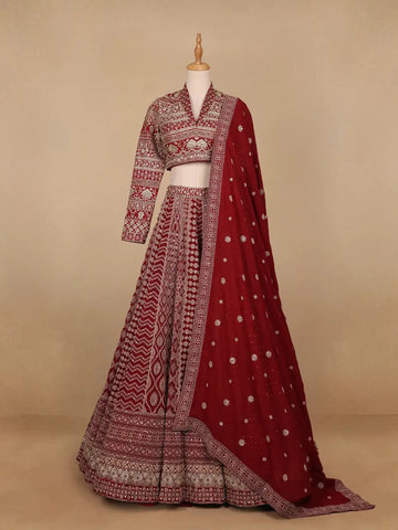 Dark Red Georgette Floral Designed Bridesmaid Lehenga - Diadem