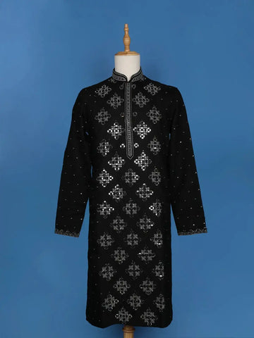 Black Sequins And Mirror Work Raw Silk Kurta Set With Pant - Diadem