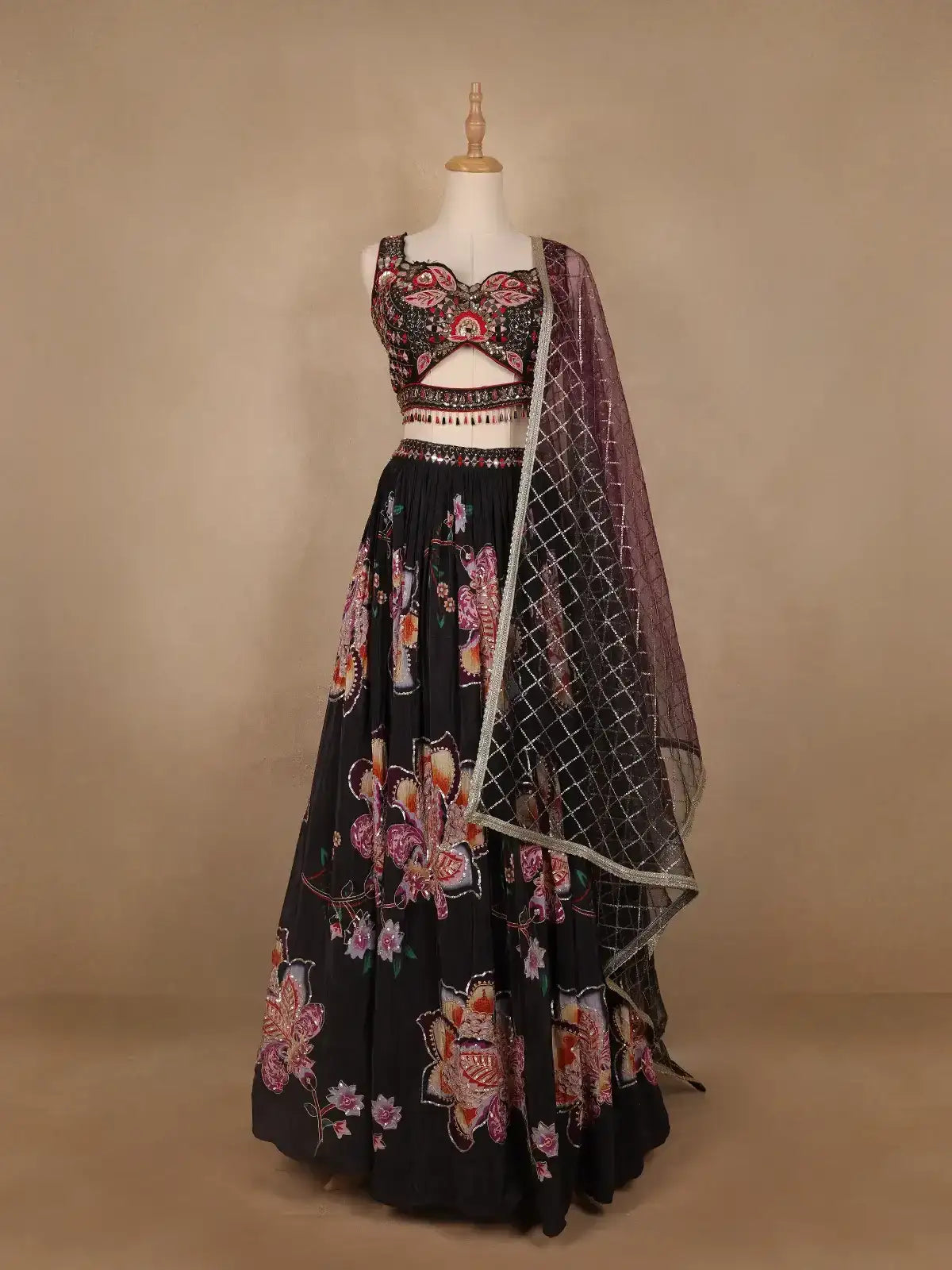 Black Floral Designed Semi Silk Bridesmaid Lehenga - Diadem