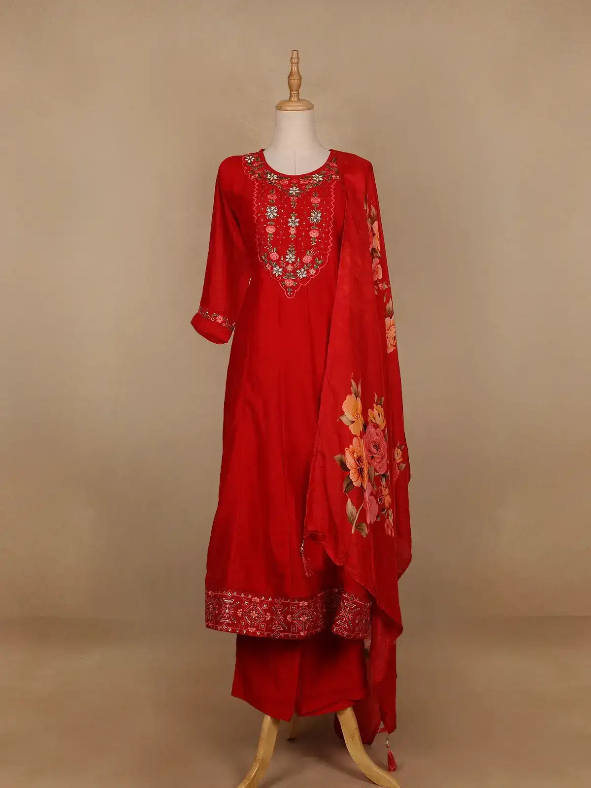 Red Floral Designed Raw Silk Salwar Suit - Diadem