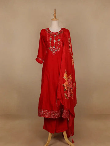 Red Floral Designed Raw Silk Salwar Suit - Diadem