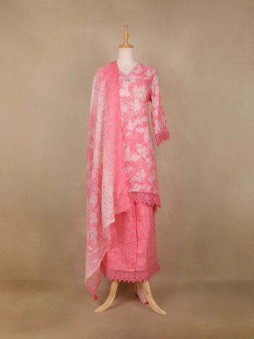 Pink Floral Printed Cotton Salwar Suit - Diadem
