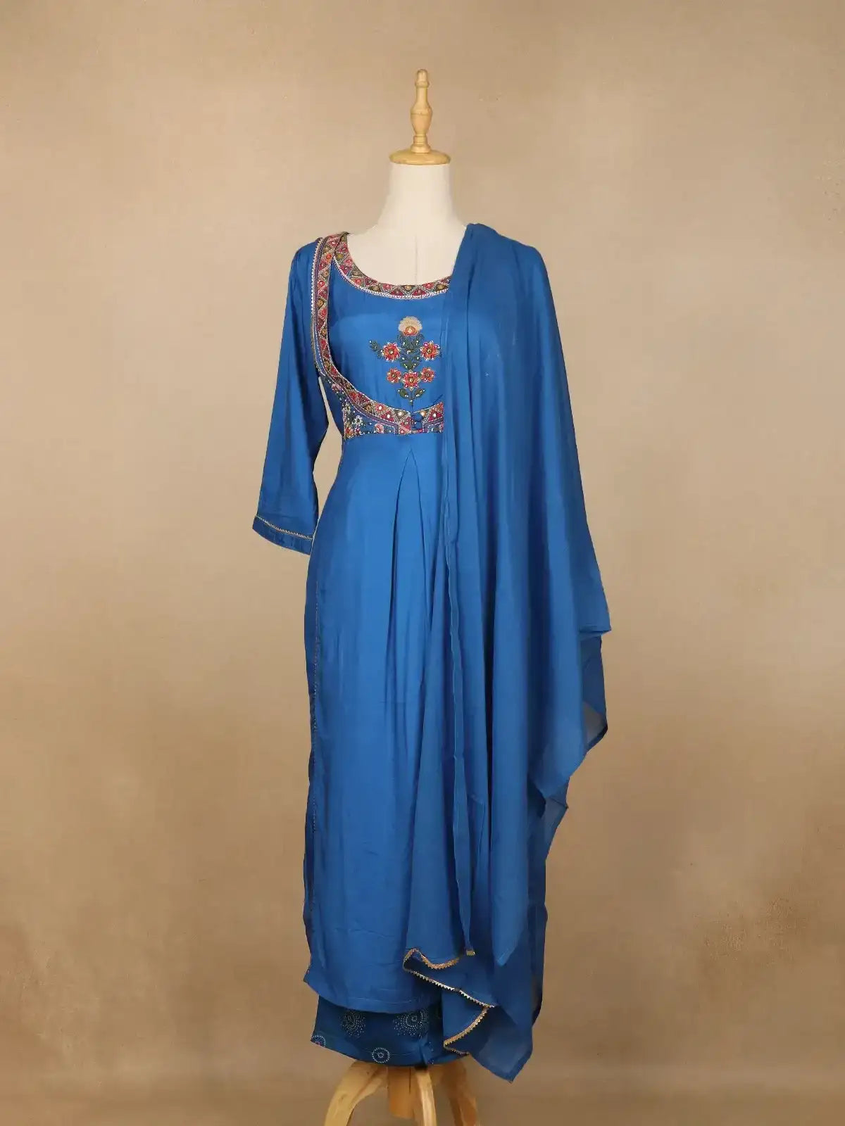 Blue Floral Embroidery Cotton Rayon Straight Cut Salwar Suit - Diadem