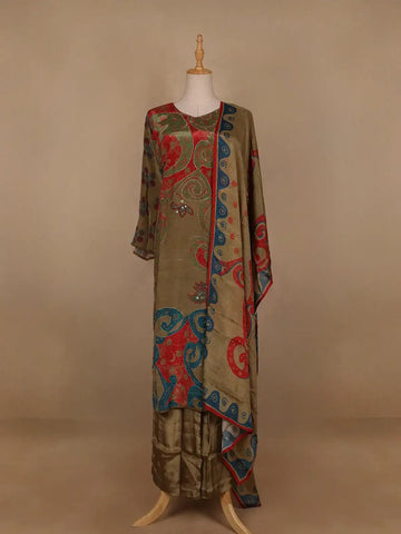 Olive Green Floral Designed Semi Silk Salwar Suit - Diadem
