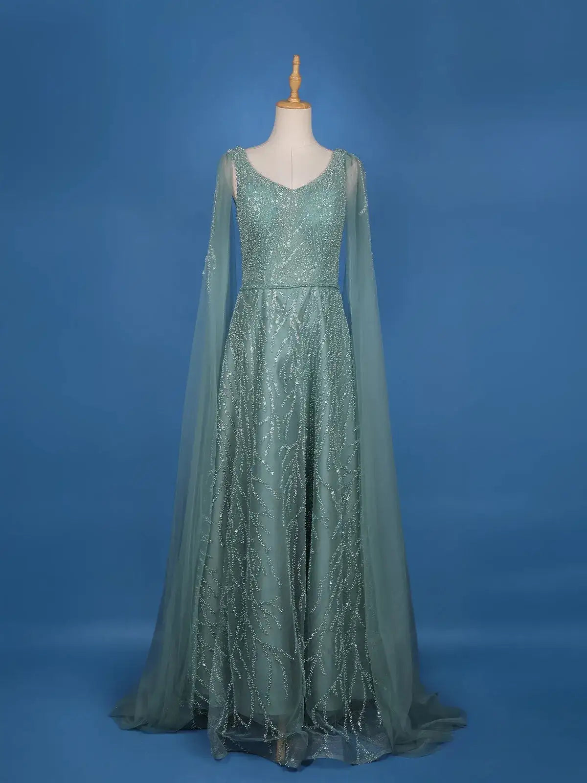 Turquoise Green Net Sequins And Beads Embroidery Party Wear Gown - Diadem