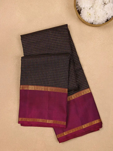 Black Checkered Woven Pure Kanchipuram Silk Saree - Diadem