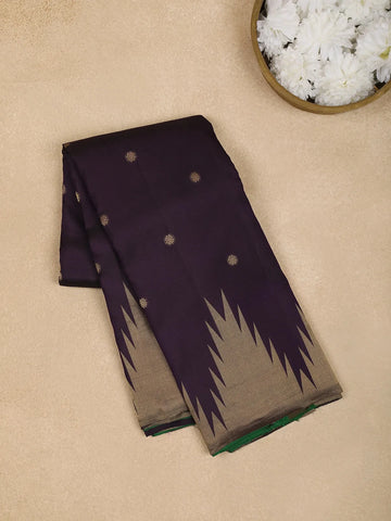 Dark Purple Temple Motifs Pure Kanchipuram Silk Saree - Diadem