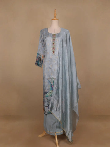 Blue Grey Floral Designed Semi Silk Salwar Suit - Diadem