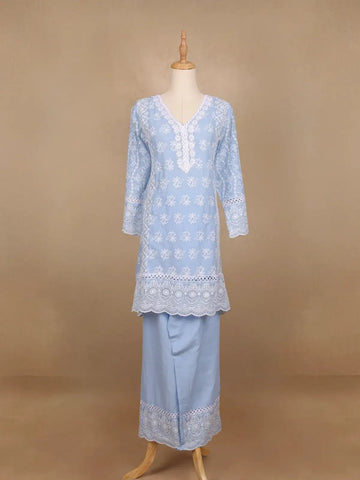 Blue Floral Embroidery Cotton Salwar Suit - Diadem