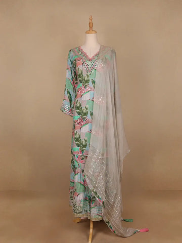 Green Floral Designed Semi Silk Sharara Salwar suit - Diadem