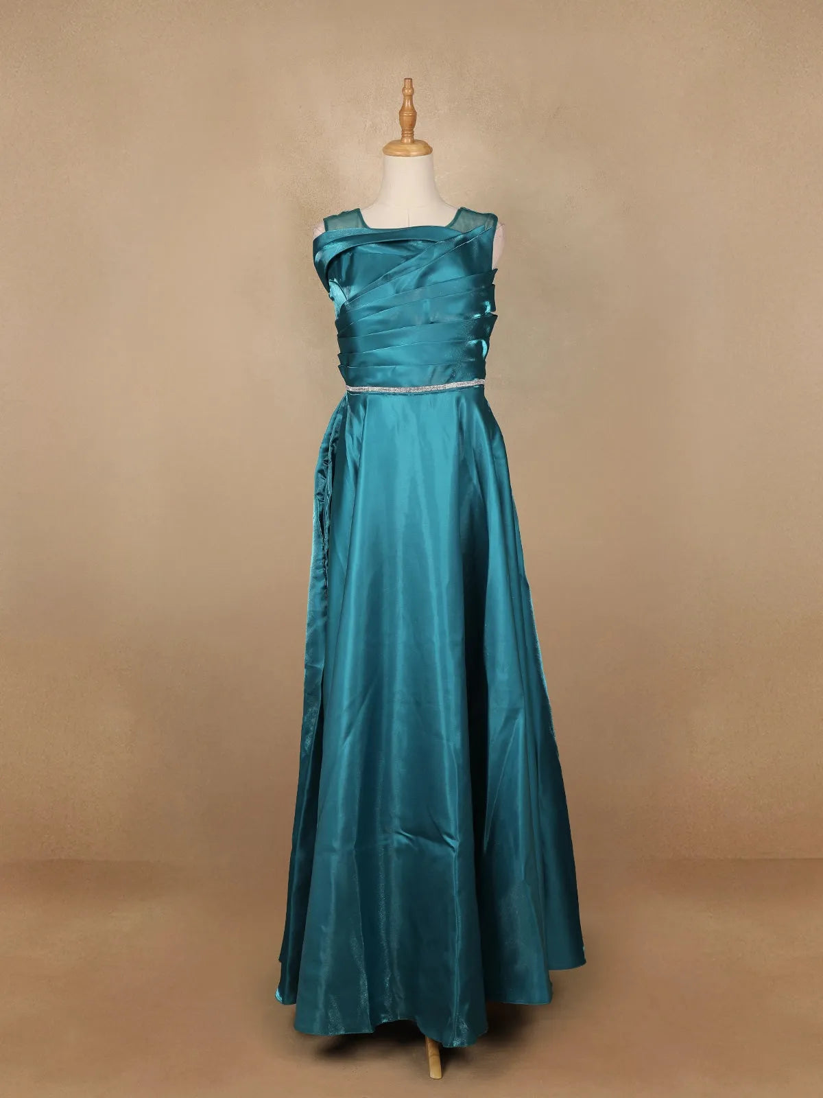 Teal Green Solid Design Organza Party Wear Gown - Diadem