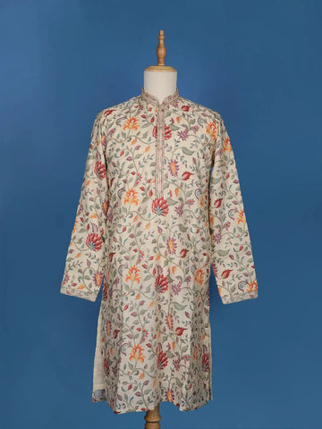 Beige Floral Embroidery Cotton Kurta Set With Pant - Diadem