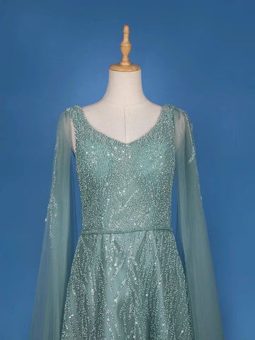 Turquoise Green Net Sequins And Beads Embroidery Party Wear Gown - Diadem
