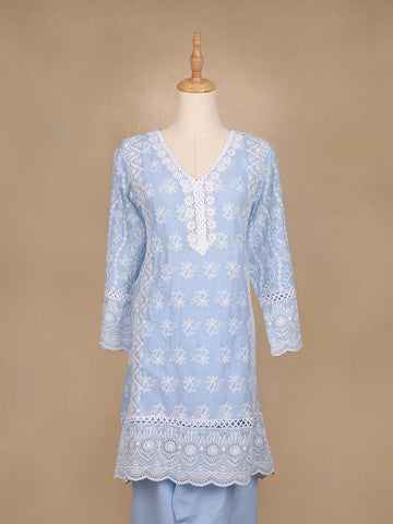 Blue Floral Embroidery Cotton Salwar Suit - Diadem