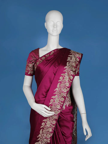 Wine Floral Embroidery Bridal Banarasi Silk Saree - Diadem