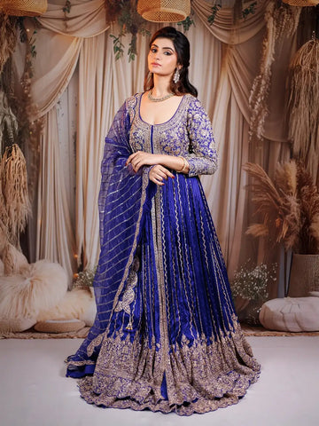 Blue Floral Embroidered Pakistani Net Lehenga for Bridesmaids - Diadem