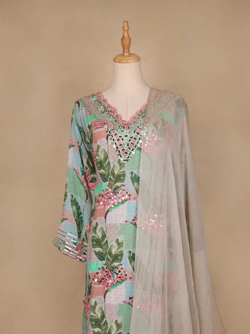 Green Floral Designed Semi Silk Sharara Salwar suit - Diadem