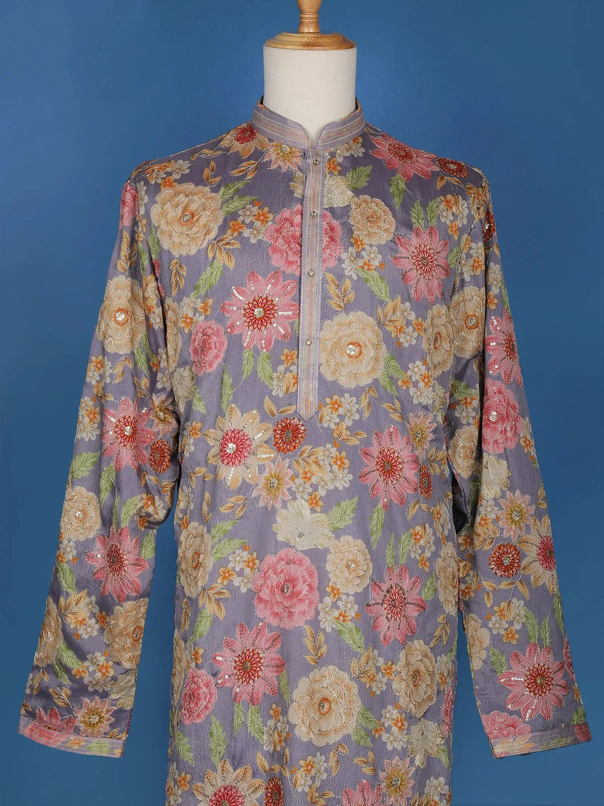 Purple Sequins And Floral Printed Semi Silk Kurta Set With Pant - Diadem