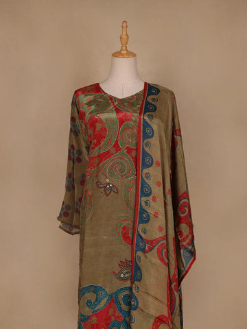 Olive Green Floral Designed Semi Silk Salwar Suit - Diadem