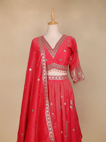 Red Tissue Organza Floral Designed Bridesmaid Lehenga - Diadem