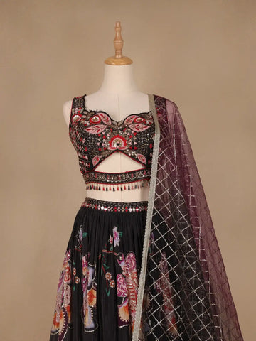 Black Floral Designed Semi Silk Bridesmaid Lehenga - Diadem