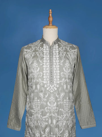 Pista Green Floral Embroidery Semi Silk Kurta Set With Pant - Diadem