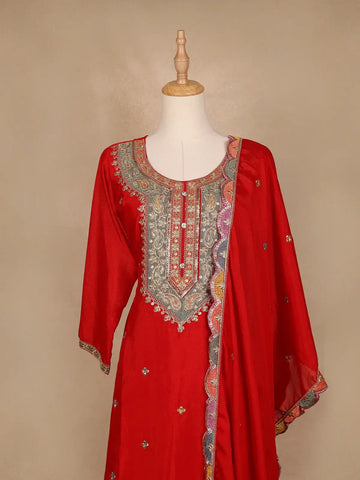 Red Floral Embroidery Crepe Palazzo Salwar Suit - Diadem