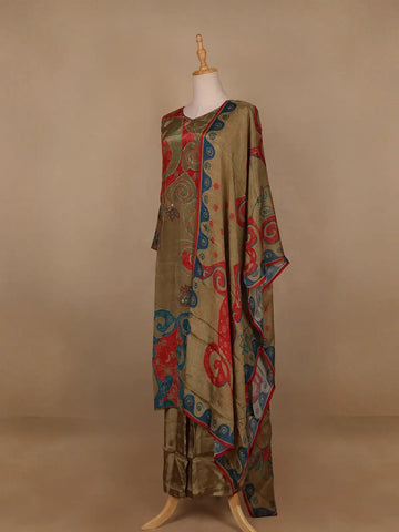 Olive Green Floral Designed Semi Silk Salwar Suit - Diadem
