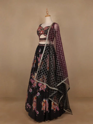 Black Floral Designed Semi Silk Bridesmaid Lehenga - Diadem