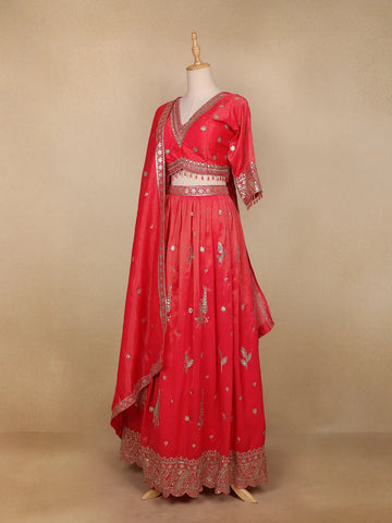 Red Tissue Organza Floral Designed Bridesmaid Lehenga - Diadem