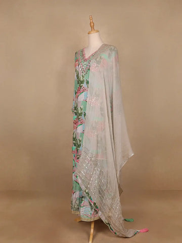 Green Floral Designed Semi Silk Sharara Salwar suit - Diadem
