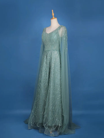 Turquoise Green Net Sequins And Beads Embroidery Party Wear Gown - Diadem