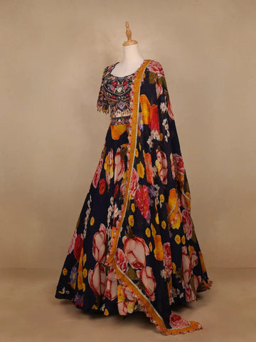 Black Floral Embroidered Chiffon Bridesmaids Lehenga - Diadem