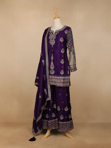 Dark Purple Crepe Geometric Palazzo Salwar Suit - Diadem