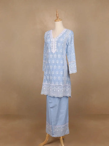 Blue Floral Embroidery Cotton Salwar Suit - Diadem