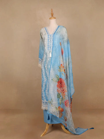 Blue Floral Embroidery Cotton Salwar Suit - Diadem