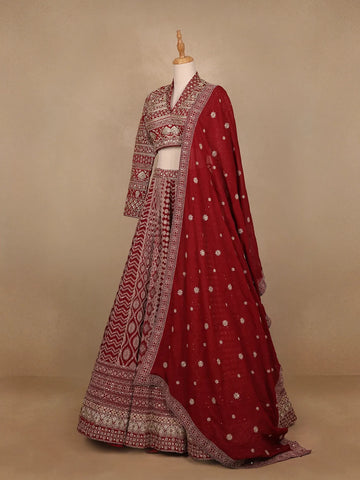 Dark Red Georgette Floral Designed Bridesmaid Lehenga - Diadem