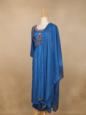 Blue Floral Embroidery Cotton Rayon Straight Cut Salwar Suit - Diadem