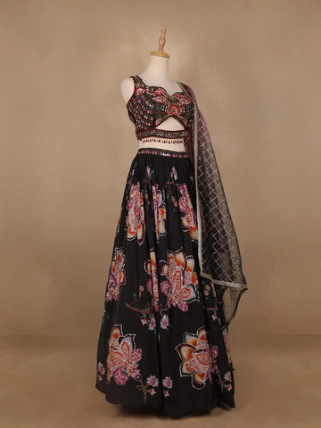 Black Floral Designed Semi Silk Bridesmaid Lehenga - Diadem