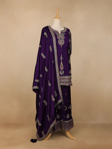 Dark Purple Crepe Geometric Palazzo Salwar Suit - Diadem