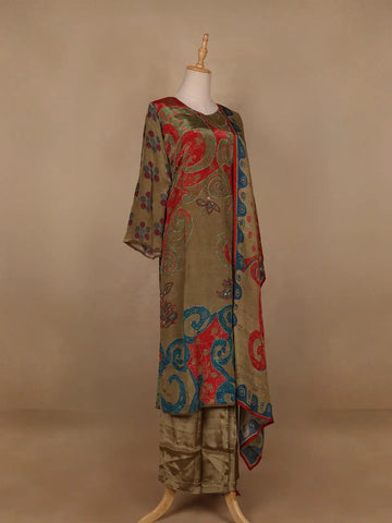 Olive Green Floral Designed Semi Silk Salwar Suit - Diadem