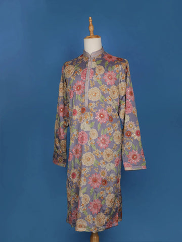 Purple Sequins And Floral Printed Semi Silk Kurta Set With Pant - Diadem