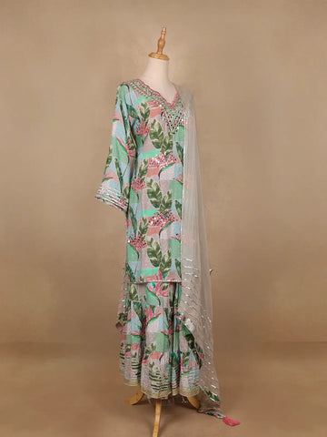 Green Floral Designed Semi Silk Sharara Salwar suit - Diadem