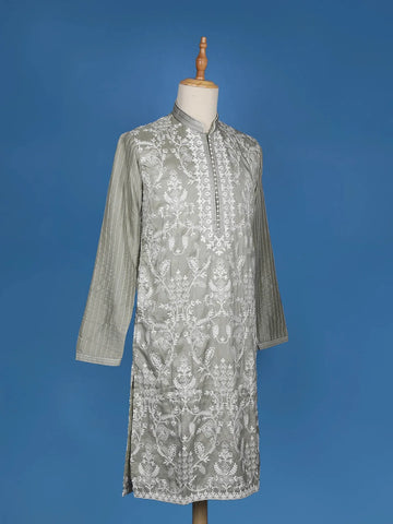 Pista Green Floral Embroidery Semi Silk Kurta Set With Pant - Diadem